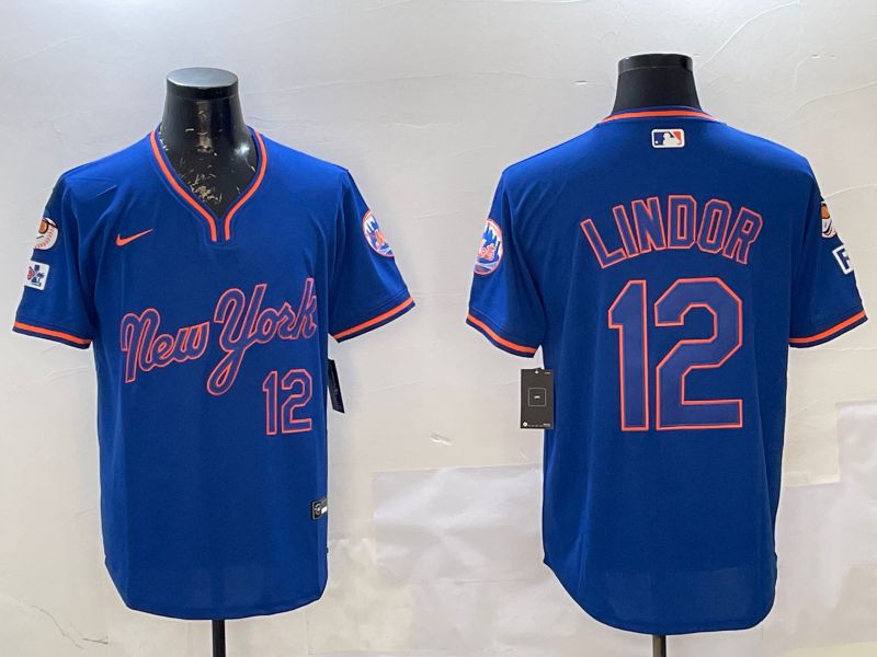 Men New York Mets 12 Lindor Blue Throwback Game Nike 2025 MLB Jersey style 2